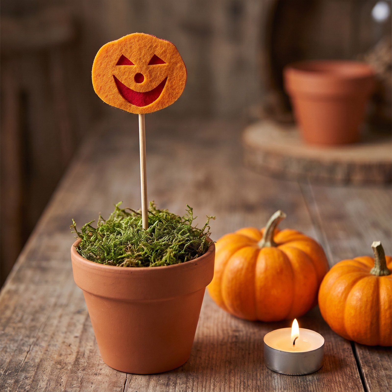 Zápich dýně s obličejem z plsti 27 cm – halloweenská dekorace, 1 ks