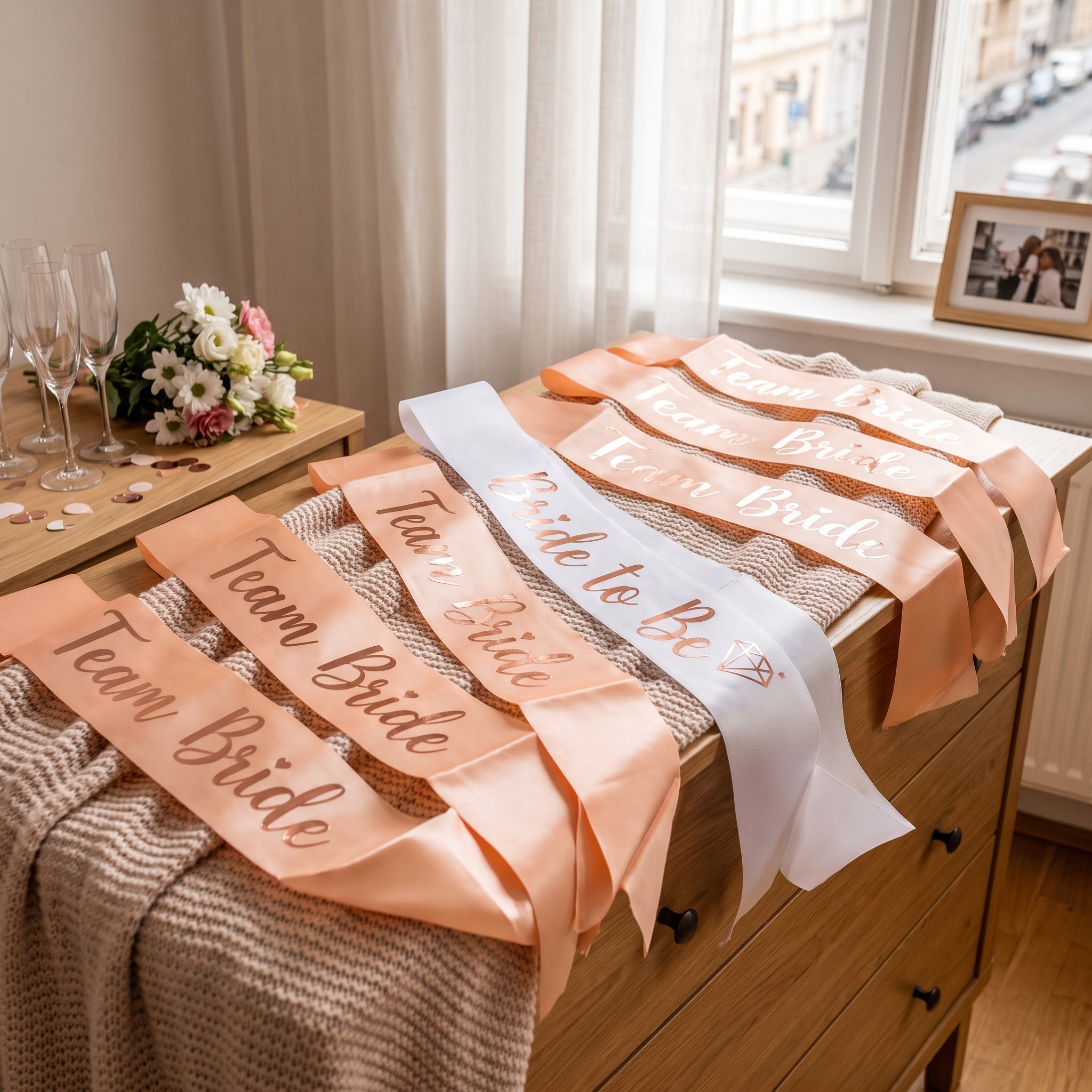 TNSLAND šerpy na rozlučku se svobodou, 7 ks – 6× Team Bride + 1× Bride to be