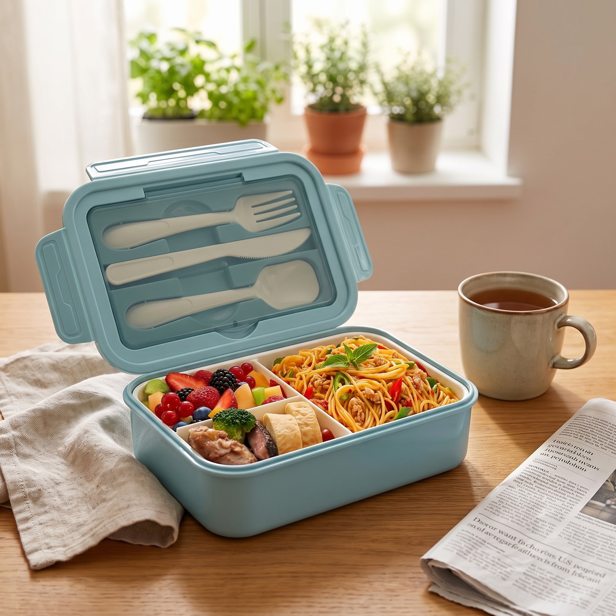 Diboniur Bento box – svačinový box 1400 ml se 3 přihrádkami a příborem, modrý