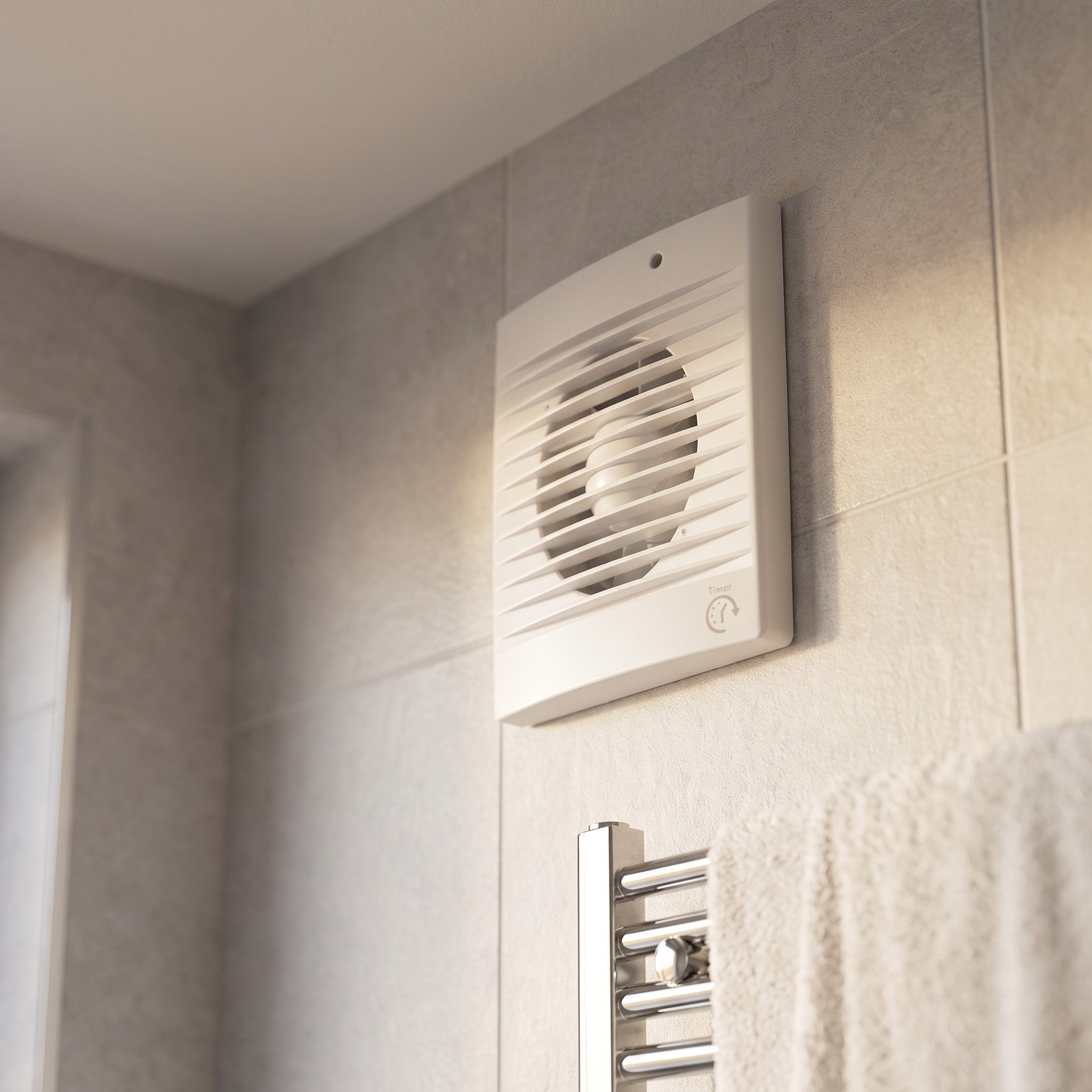 Minleer LFWW-09ET – koupelnový ventilátor s časovačem, průměr 100 mm