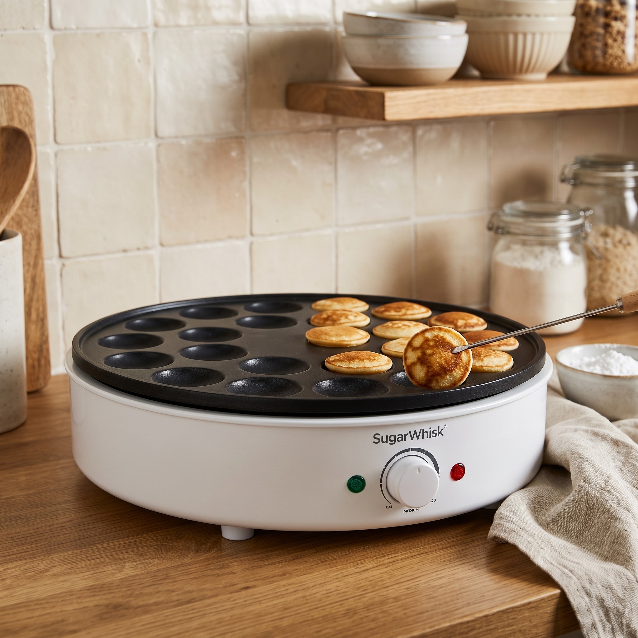 SugarWhisk SW-24DPM02 – elektrická pánev na 24 mini lívanečků a poffertjes, 1000 W – použité