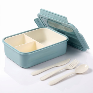 Diboniur Bento box – svačinový box 1400 ml se 3 přihrádkami a příborem, modrý